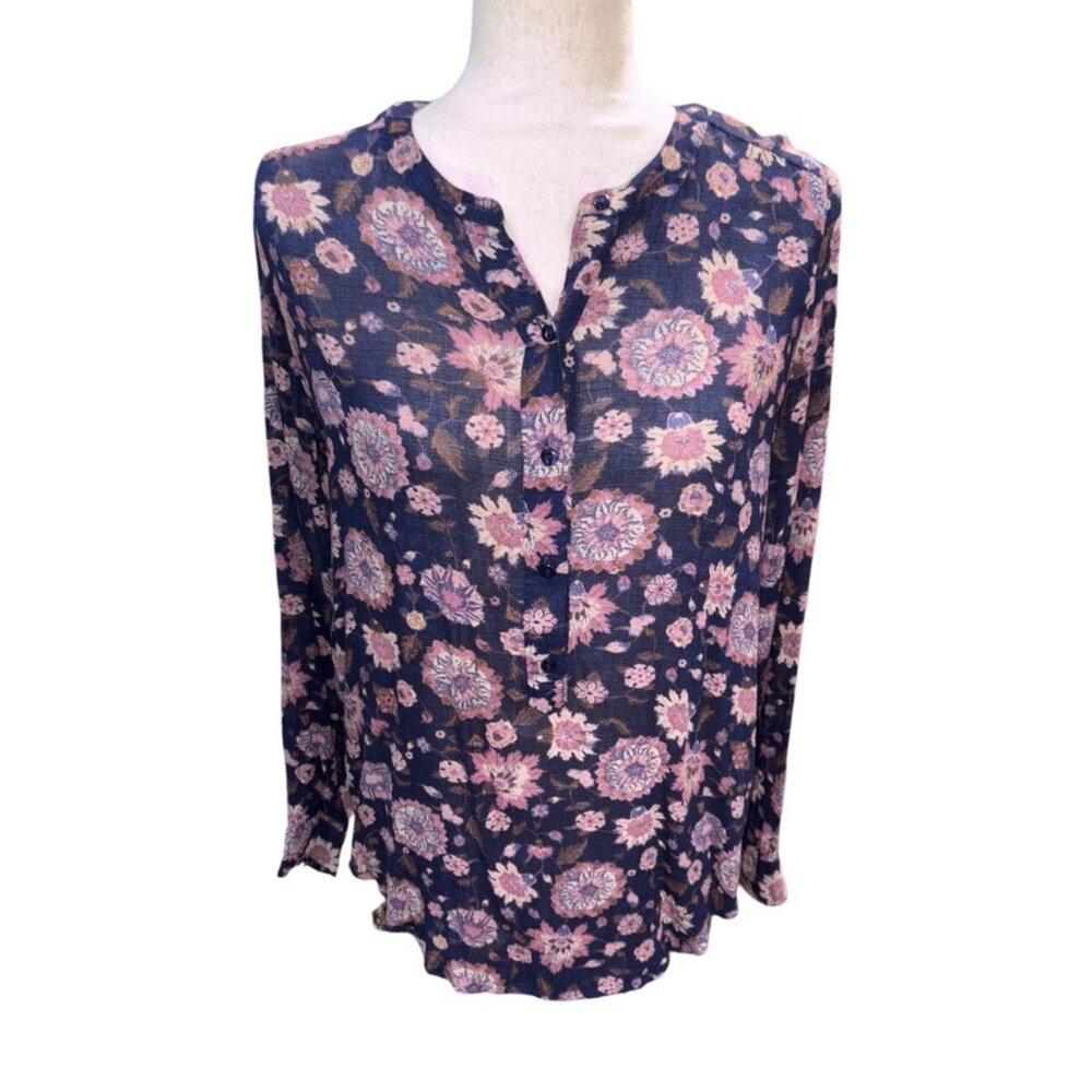 LUCKY BRAND Women's Tunic Popover Top Boho S Floral Blue Pink Sheer Peasant